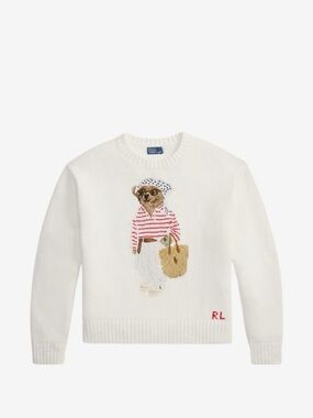 NEW: Polo Ralph Lauren White Multi Bear Crew Neck Sweater - US Medium